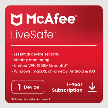 MCAFEE McAfee LiveSafe 1 an, 1 appareil Antivirus Internet Security Protection - Code d'activation - SOFTWAREHUBS