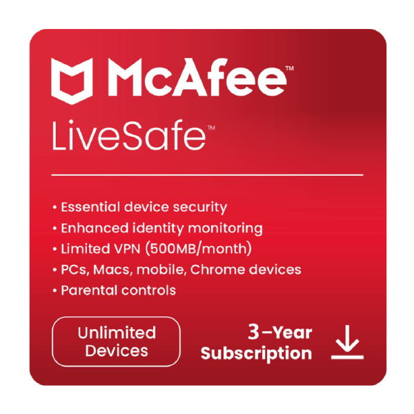 MCAFEE McAfee LiveSafe 3 años, protección de seguridad de Internet antivirus para 1 dispositivo - Código de activación - SOFTWAREHUBS