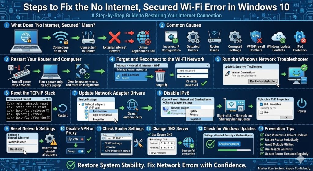 Steps to Fix the No Internet, Secured Wi-Fi Error in Windows 10