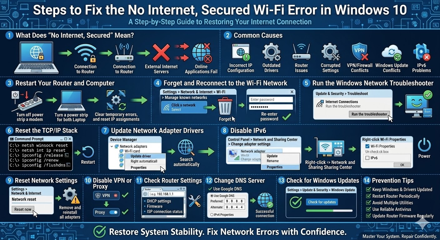 Steps to Fix the No Internet, Secured Wi-Fi Error in Windows 10 4 Fix the No Internet