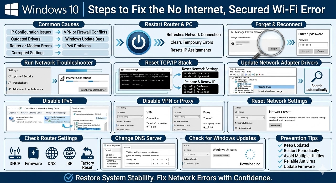 Steps to Fix the No Internet, Secured Wi-Fi Error in Windows 10 5 Fix the No Internet2