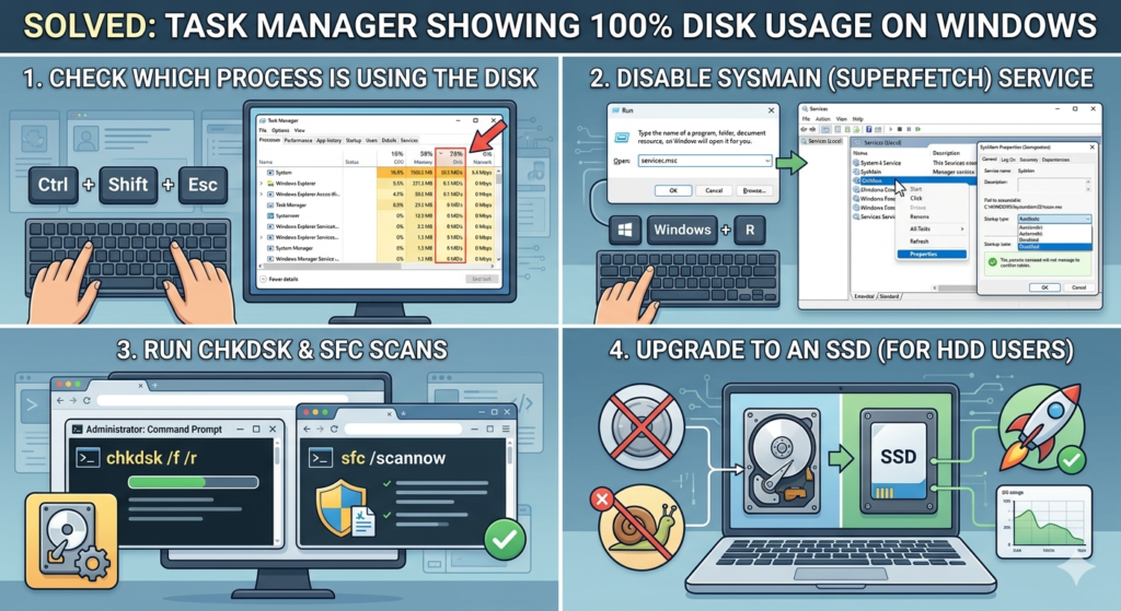 Solved: Task Manager Showing 100% Disk Usage on Windows
