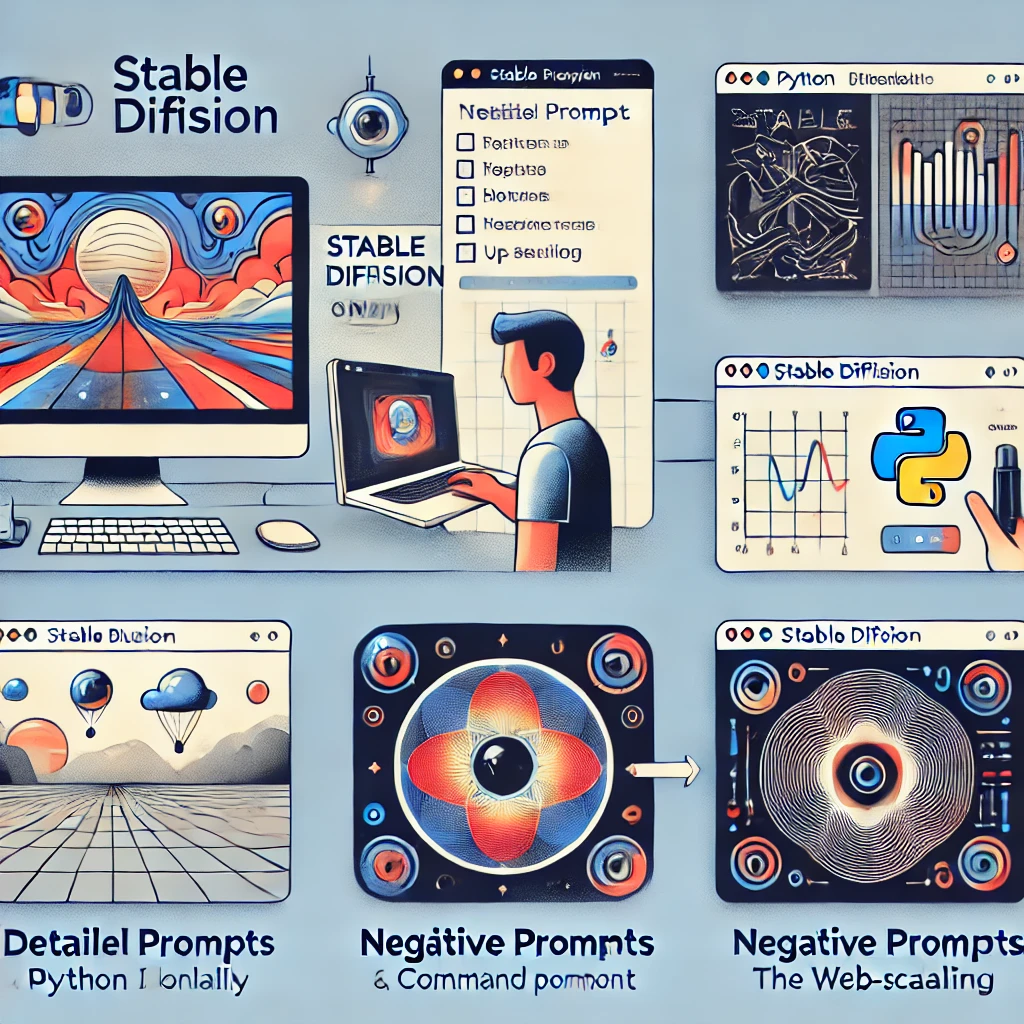 DALL·E 2025 02 07 23.10.37 1. An illustration showing a user accessing Stable Diffusion online through DreamStudio with a text prompt input box and AI generated images appearin