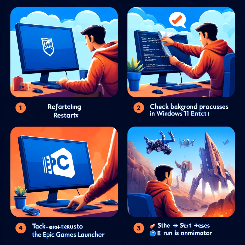 Fix Epic Games Launcher Not Opening on Windows 11- 2025 2 DALL·E 2025 02 07 23.59.44 A detailed step by step guide in images for troubleshooting the Epic Games Launcher not opening on Windows 11. 1. First image shows a user restarting