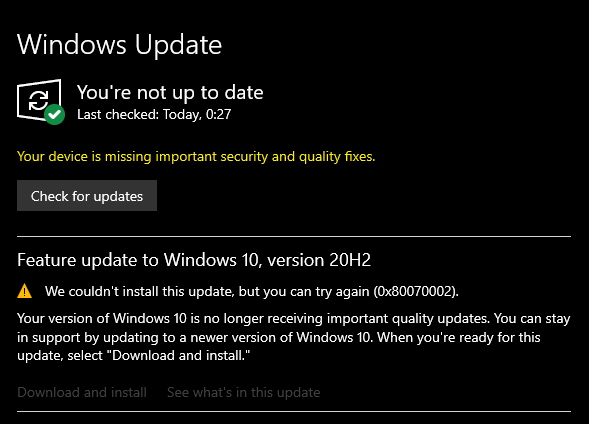 Resolve Windows 10 Feature Update Error 0x80070002 (Version 1903) 10 Error 0x80070002